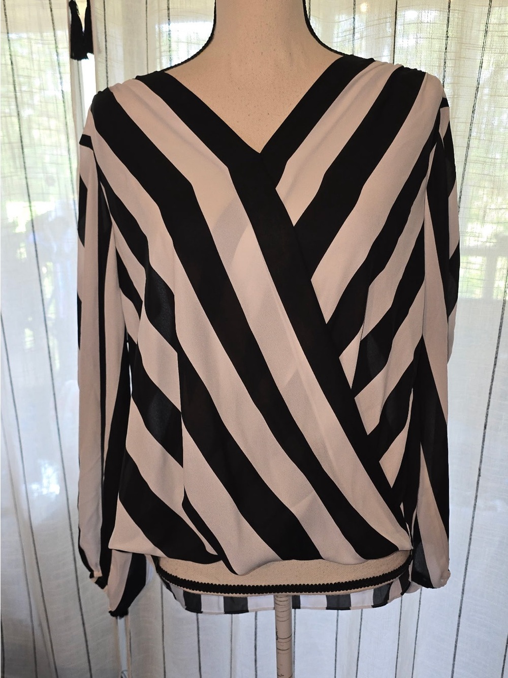 INC International Concepts Black and White Diagonal-Stripe Faux Wrap Blouse
